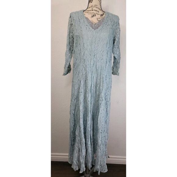 Nostalgia Maxi Dress Sz L Floral Lace Mesh Layered Blue Vintage 90's Cottagecore - Picture 2 of 8